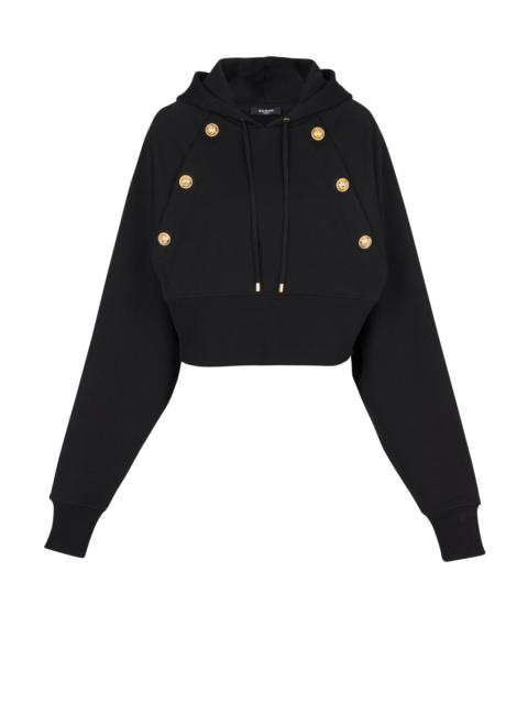 Eco-responsible cropped cotton sweatshirt with gold buttons