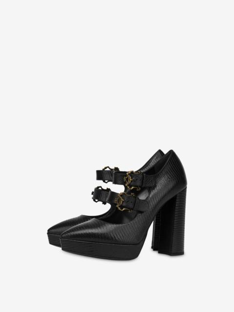 Moschino TEGU LIZARD-PRINT BAROQUE BUCKLES COURT SHOES