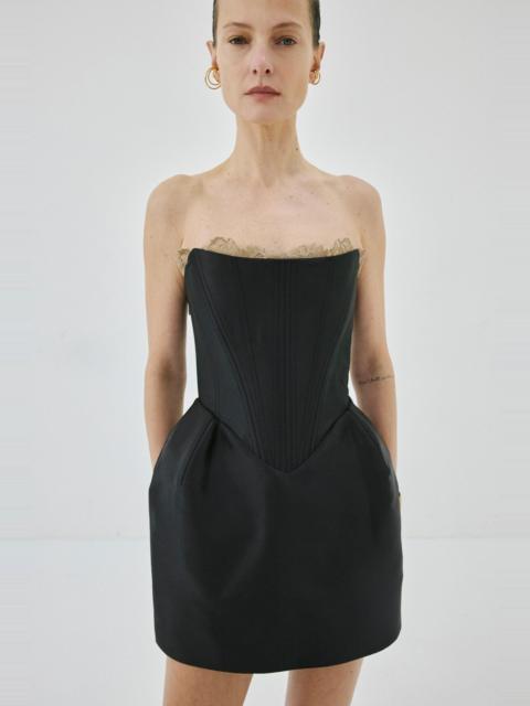 De La Vali NOCTURNE MINI DRESS IN BLACK AND TRUFFLE BROWN TWILL
