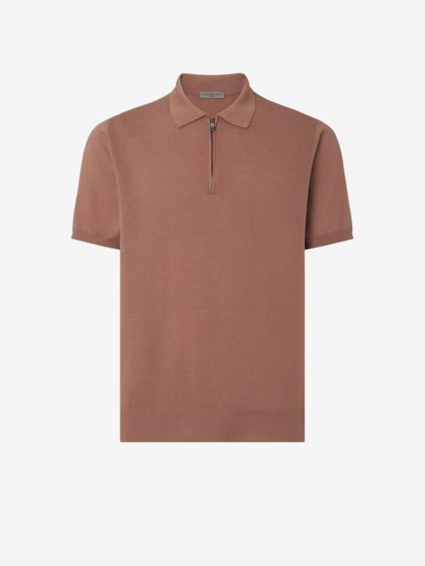 CORNELIANI Burnt earth zip-up Pima cotton polo shirt