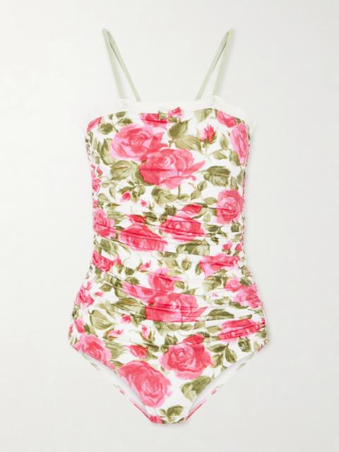 Chloé Bow-detailed Ruched Lace-trimmed Floral-print Swimsuit