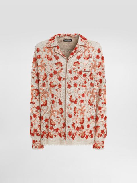 Dolce & Gabbana Long-sleeved lace shirt with coral embroidery