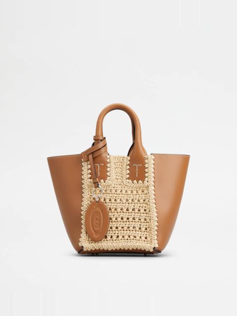 TOD'S DOUBLE UP SHOPPING BAG IN LEATHER AND RAFFIA MINI - BEIGE, BROWN