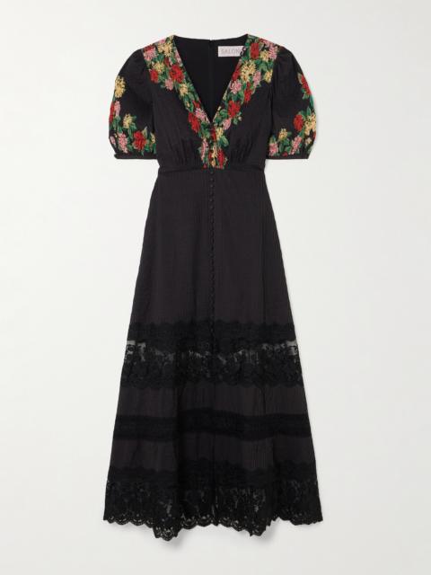SALONI Lea Lace-trimmed Floral-print Pintucked Cotton-voile Midi Dress