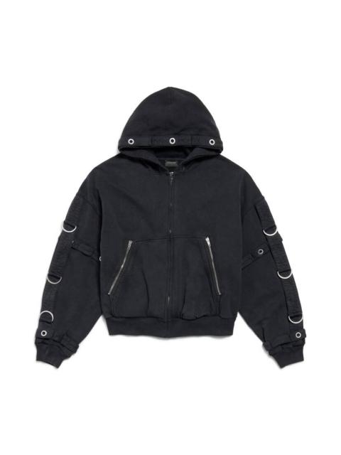 BALENCIAGA Men's D-ring Cargo Zip-up Hoodie in Faded Black