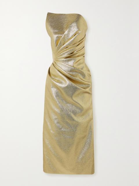 Safiyaa Daxton Strapless Gathered Metallic Lamé Midi Dress
