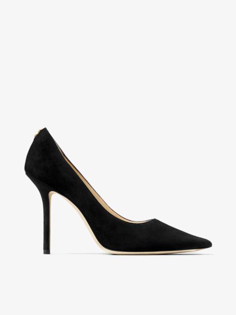 JIMMY CHOO Love 100
Black Suede Pointy Toe Pumps with Jimmy Choo Button