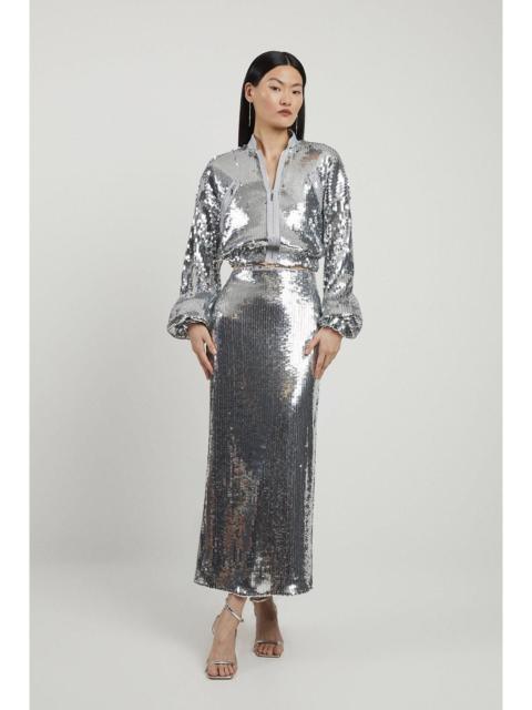 KAREN MILLEN Sequin Front Split Woven Midi Skirt
