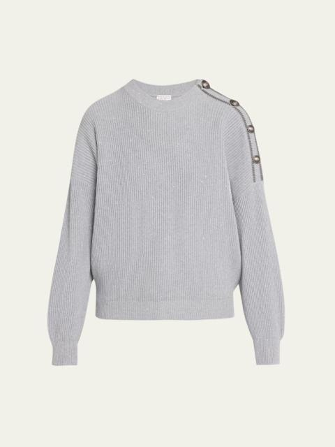 Brunello Cucinelli Sporty Button-Shoulder Cotton Diamante Crewneck Sweater