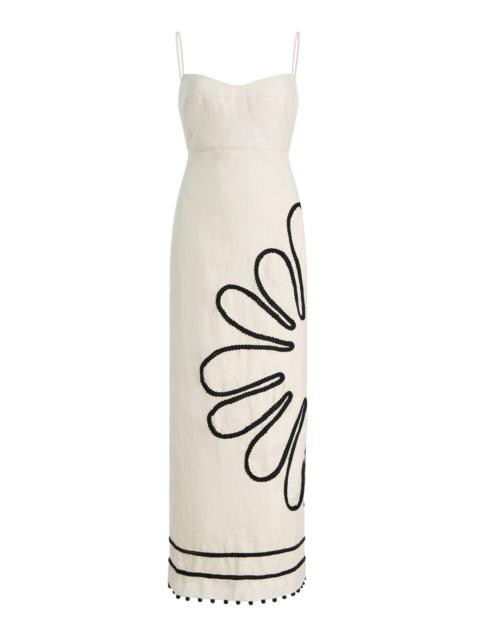 CALA de la CRUZ Exclusive Paloma Embroidered Linen Midi Dress black/white