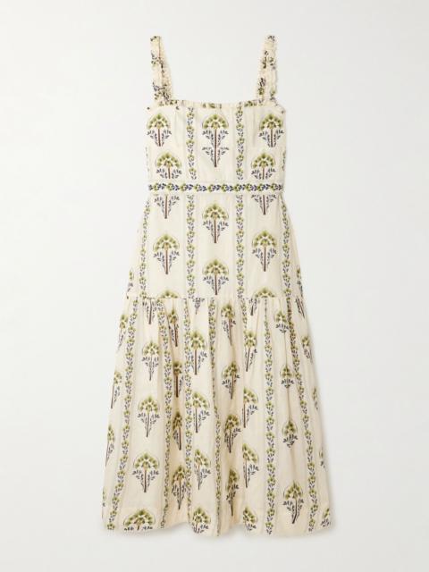Agua by Agua Bendita Nispero tiered embroidered printed linen midi dress Cream