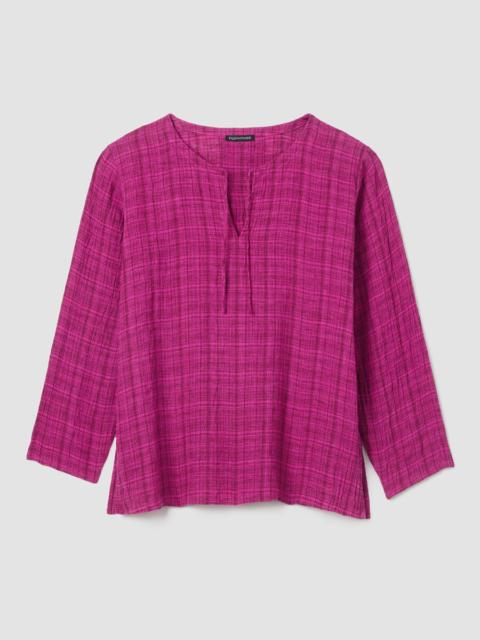 EILEEN FISHER Puckered Organic Linen Plaid Keyhole Top