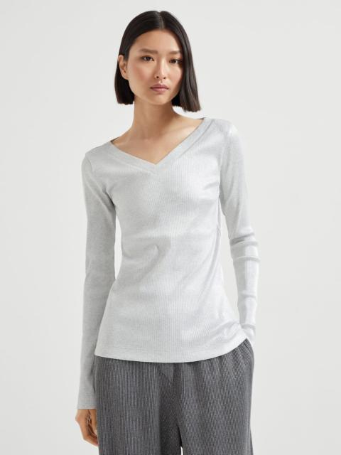 Sparkling stretch cotton ribbed jersey long sleeve  T-shirt with shiny tab