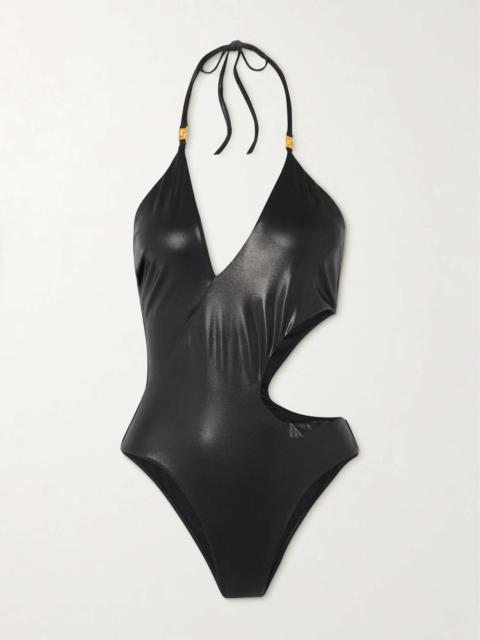 VERSACE Brinata cutout embellished stretch-lamé halterneck swimsuit