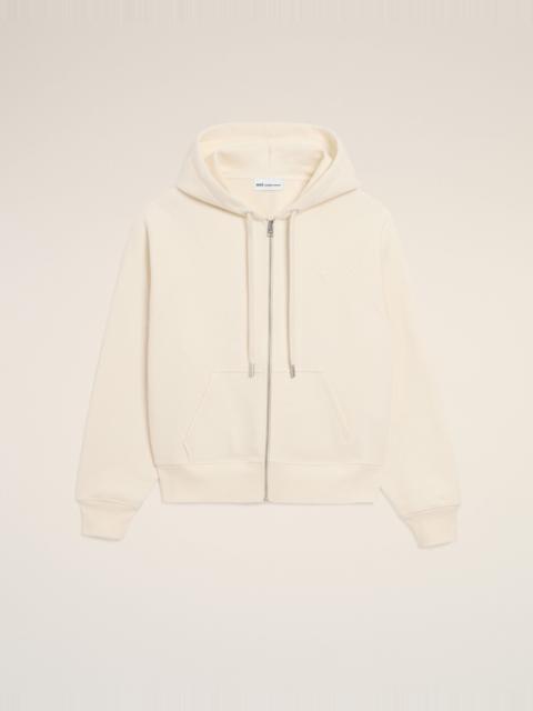 AMI Paris WHITE COTTON EMBOSSED AMI DE COEUR ZIPPED HOODIE