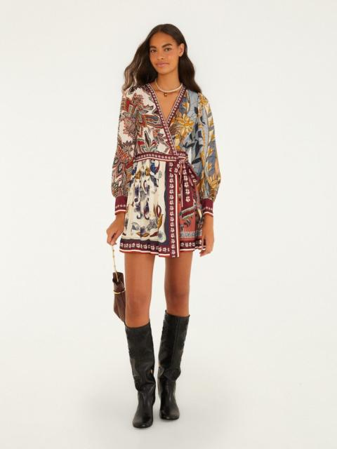 FARM RIO Stained Glass Beauty Mixed Scarves Tassels Mini Dress