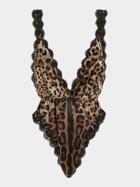 Dolce & Gabbana Lace-Trim Leopard Satin Bodysuit