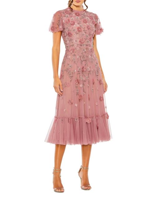 MAC DUGGAL Women's Sequined Floral Tulle Midi-Dress - Berry