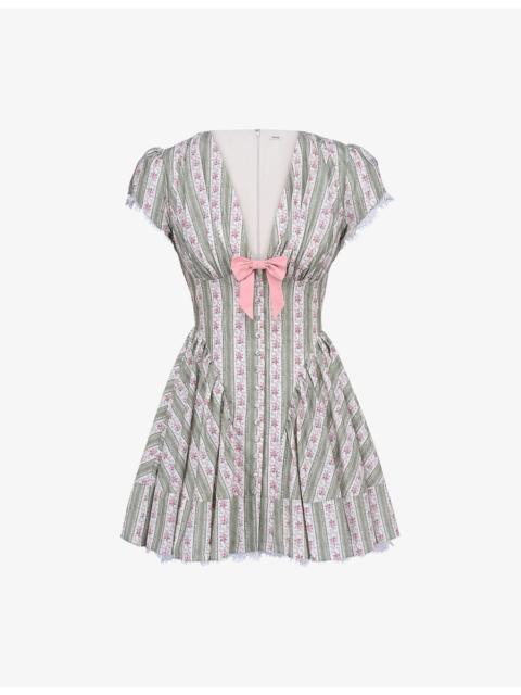 House of CB Emiliana Striped Floral-Print Stretch-Cotton Mini Dress