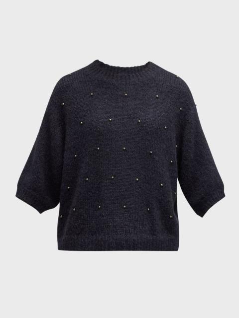 Studded Short-Sleeve Alpaca Wool Mock-Neck Sweater