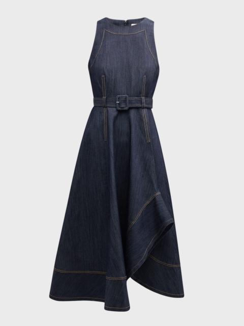Cinq à Sept Zelda Belted Asymmetric Sleeveless Denim Midi Dress