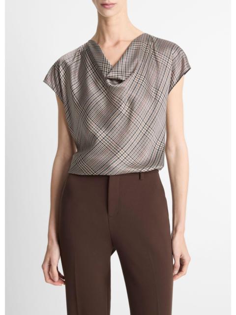 Vince Pressed Plaid Silk Cowl-Neck Blouse