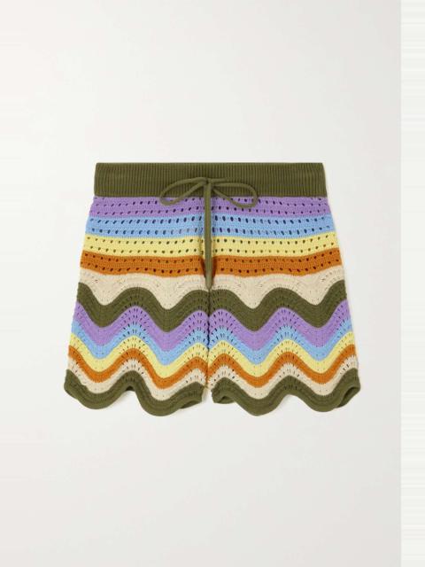 Scalloped striped crochet-knit cotton shorts
