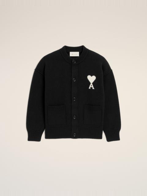 AMI Paris BLACK CREWNECK WOOL CARDIGAN WITH AMI DE COEUR