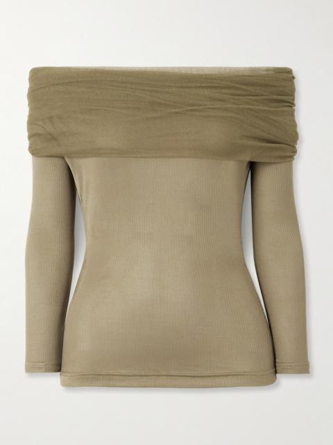 CHRISTOPHER ESBER Veiled Draped Off-the-shoulder Ribbed Jersey And Silk-tulle Top