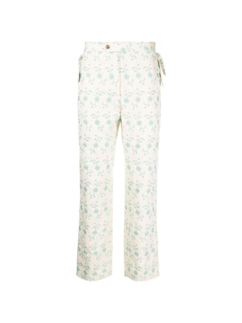 floral-embroidery straight-leg trousers