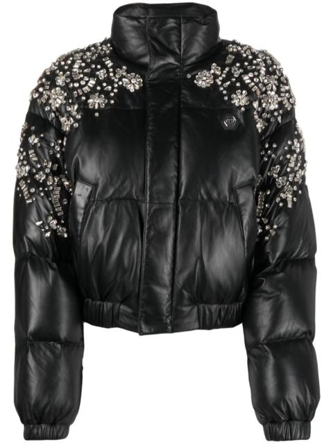 PHILIPP PLEIN crystal-embellished leather puffer jacket