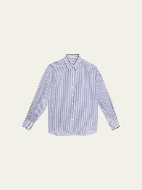 Brunello Cucinelli Stripe Button Down Linen Shirt with Piping Collar