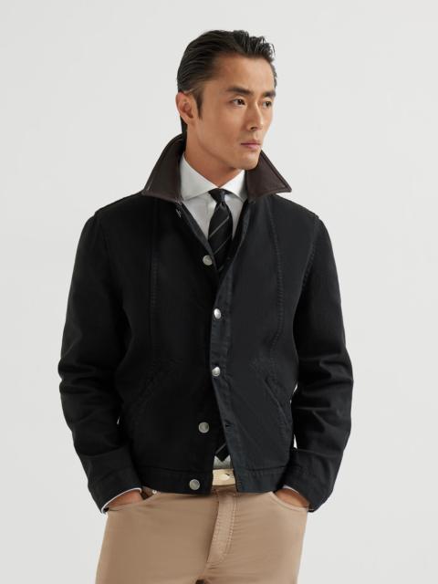 Brunello Cucinelli Garment-dyed outerwear jacket in comfort cotton lightweight denim with leather collar