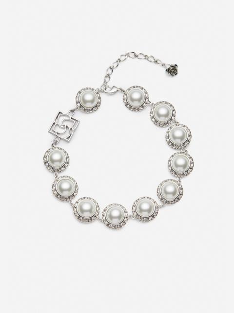 Pearl and crystal link necklace in silver