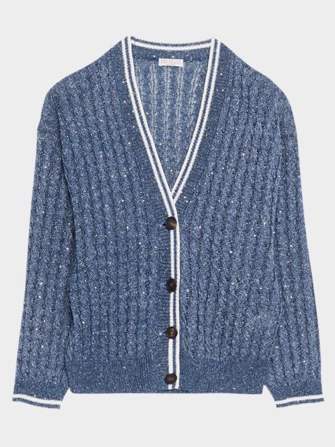 Brunello Cucinelli Linen Dazzling Cable Open-Knit V-Neck Cardigan