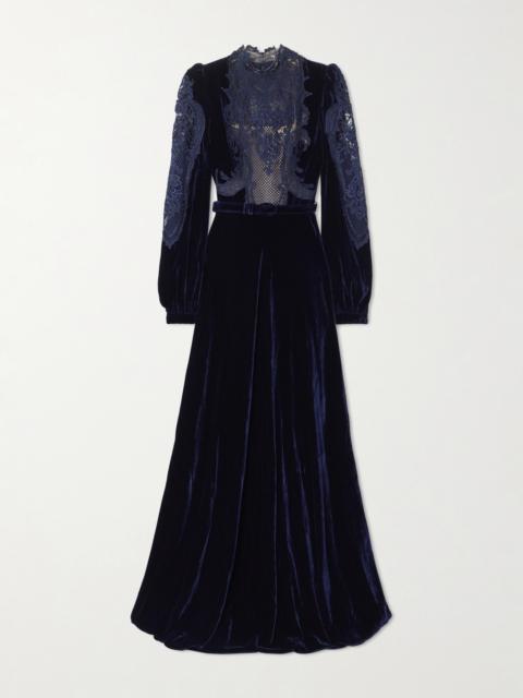 COSTARELLOS Belted Lace-paneled Velvet Gown