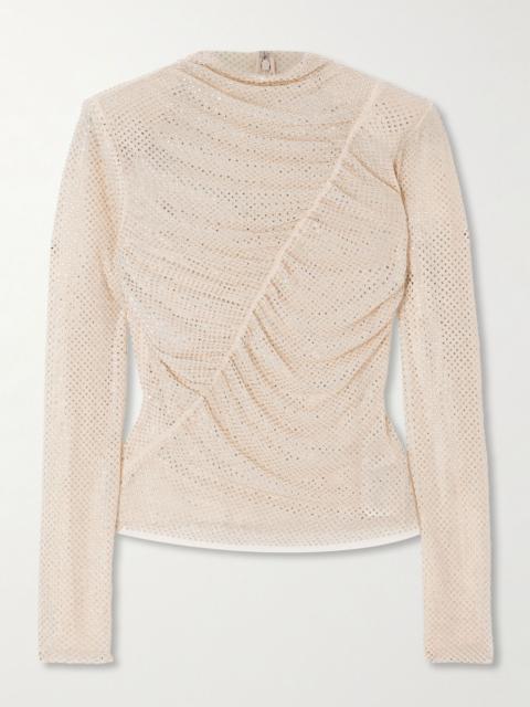 self-portrait Ruched crystal-embellished jersey blouse Cream