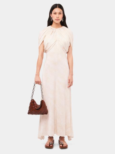 rabanne LONG ECRU DRESS WITH FEATHER PRINTS AND DRAPING DETAILS
