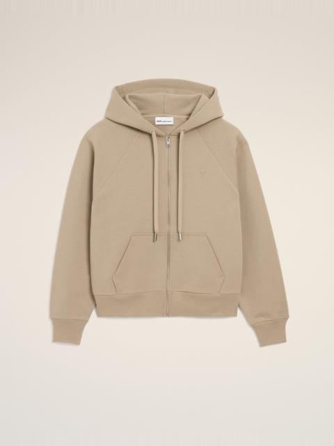 AMI Paris BEIGE COTTON EMBOSSED AMI DE COEUR ZIPPED HOODIE