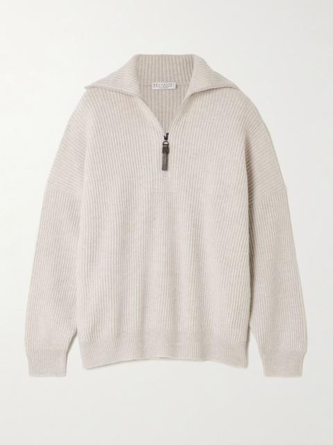 Brunello Cucinelli Bead-embellished ribbed cashmere half-zip sweater Beige