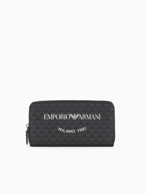 Zip-around wallet with all-over eagle and Milano 1981 logo print