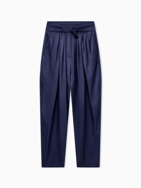 GIORGIO ARMANI MULTI-PLEATED TROUSERS IN SILK SATIN WITH A WAISTBAND KNOT