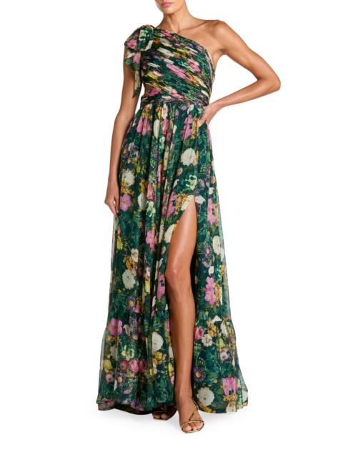 MAC DUGGAL Women's Floral Chiffon Cut-Out One-Shoulder Gown - Deep Green Multi