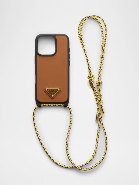 Prada iPhone 16 Pro Max Leather Shoulder Strap Phone Case