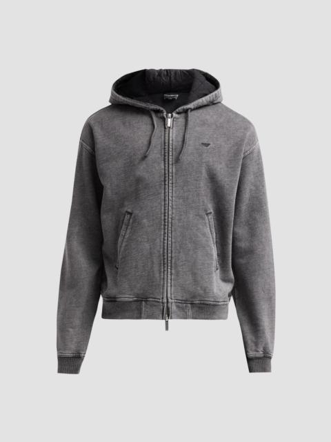EMPORIO ARMANI Men's Washed Cotton Full-Zip Hoodie - Solid Black