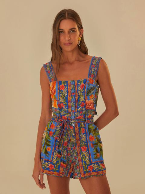 FARM RIO Stiched Garden Blue Romper