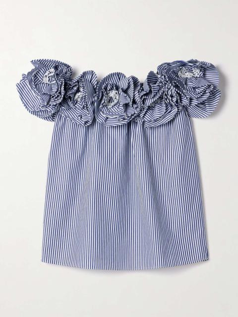 CAROLINA HERRERA Ruffled off-the-shoulder striped cotton-poplin top Blue
