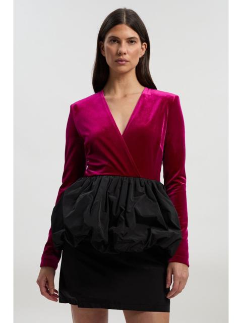 KAREN MILLEN Velvet Plunge Neck Taffeta Peplum Long Sleeve Mini Dress
