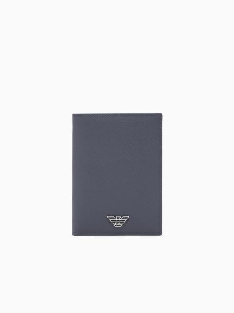 EMPORIO ARMANI REGENERATED SAFFIANO LEATHER PASSPORT HOLDER WITH EAGLE PLATE