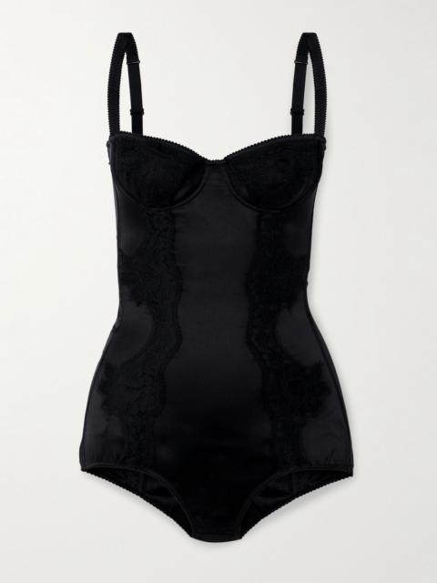 Dolce & Gabbana Lace-trimmed silk-blend satin bodysuit Black